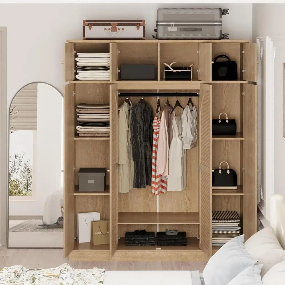70.87 Tall Rattan Wooden Wardrobe with Hanging Rod and Adjustable Shelves, Natural
