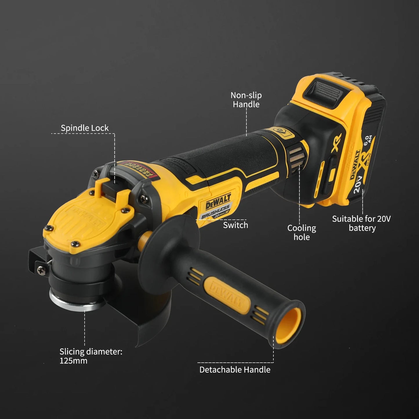 DEWALT DCG409 20VBrushless Angle Grinder,125mm Wheel,9000 RPM,800W,6.0Ah Battery,Efficient for Metal/Stone/Wood Cutting&Grinding
