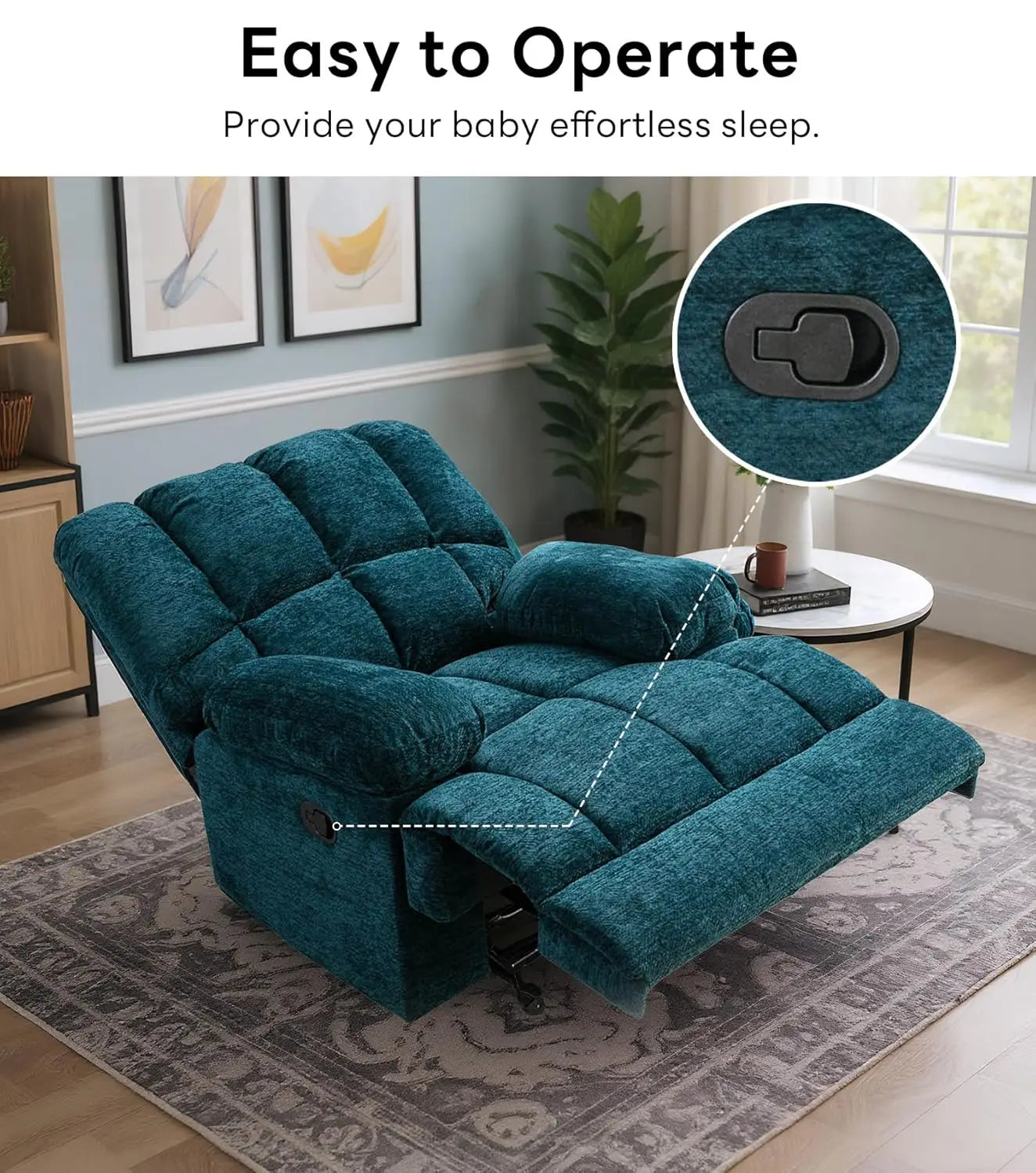 Oversized Rocker Recliner Chair Manual Soft Big Man 350 LBS Living Room Teal, Customized