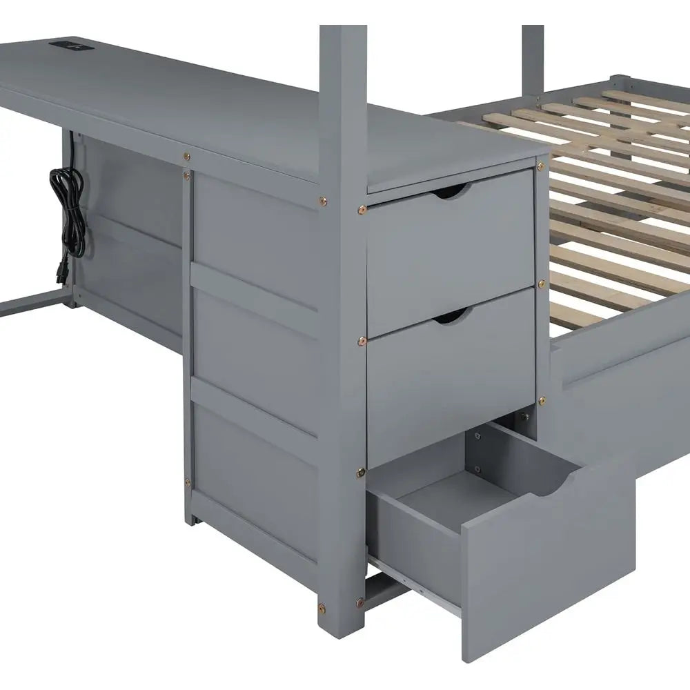 Gray Twin-Size Trundle Bunk Bed with Storage, Desk, and USB Ports