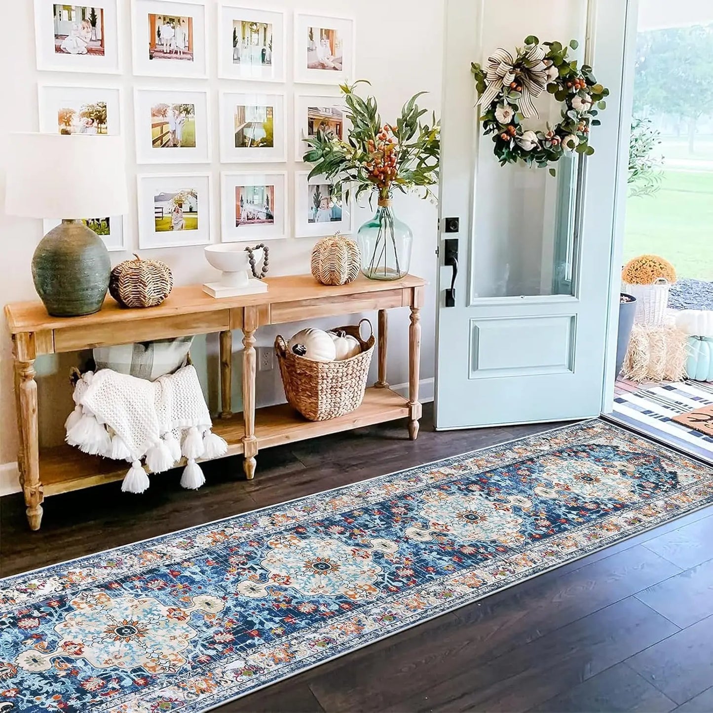 Boho Hallway Runner Rug Vintage Ethnic Style Non Slip Kitchen Rug Water Absorbent Dirty Resistant Entryway Laundry Living Room