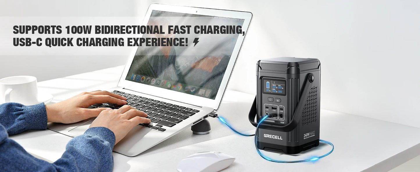 240W Portable Power Station 153.6WH Solar Generator LiFePO4 Battery Dual Way 100W PD Power Bank LED Light For Outdoors, Camping
