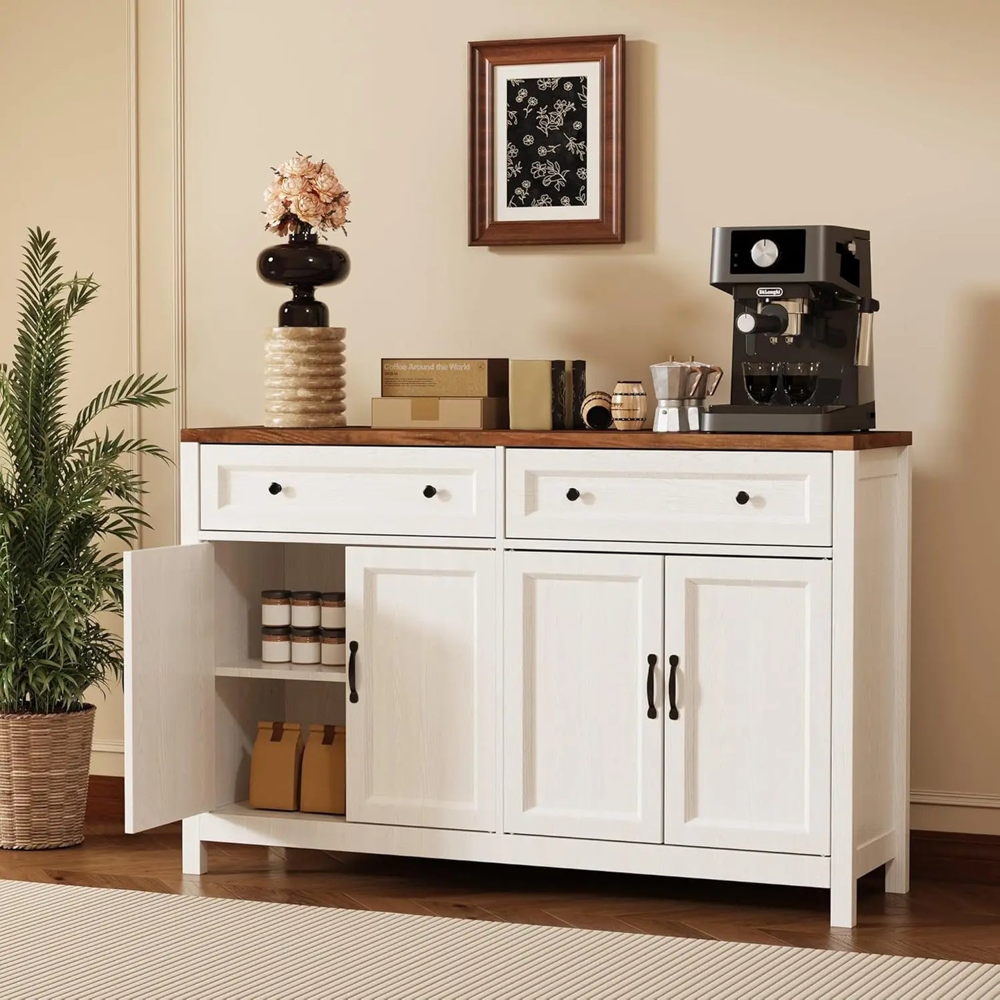 Custom Farmhouse Sideboard Buffet Cabinet, 15.7x55.1x35.3 Inch Storage Cabinet with Drawers and Doors, Multifunctional Coffee Ba