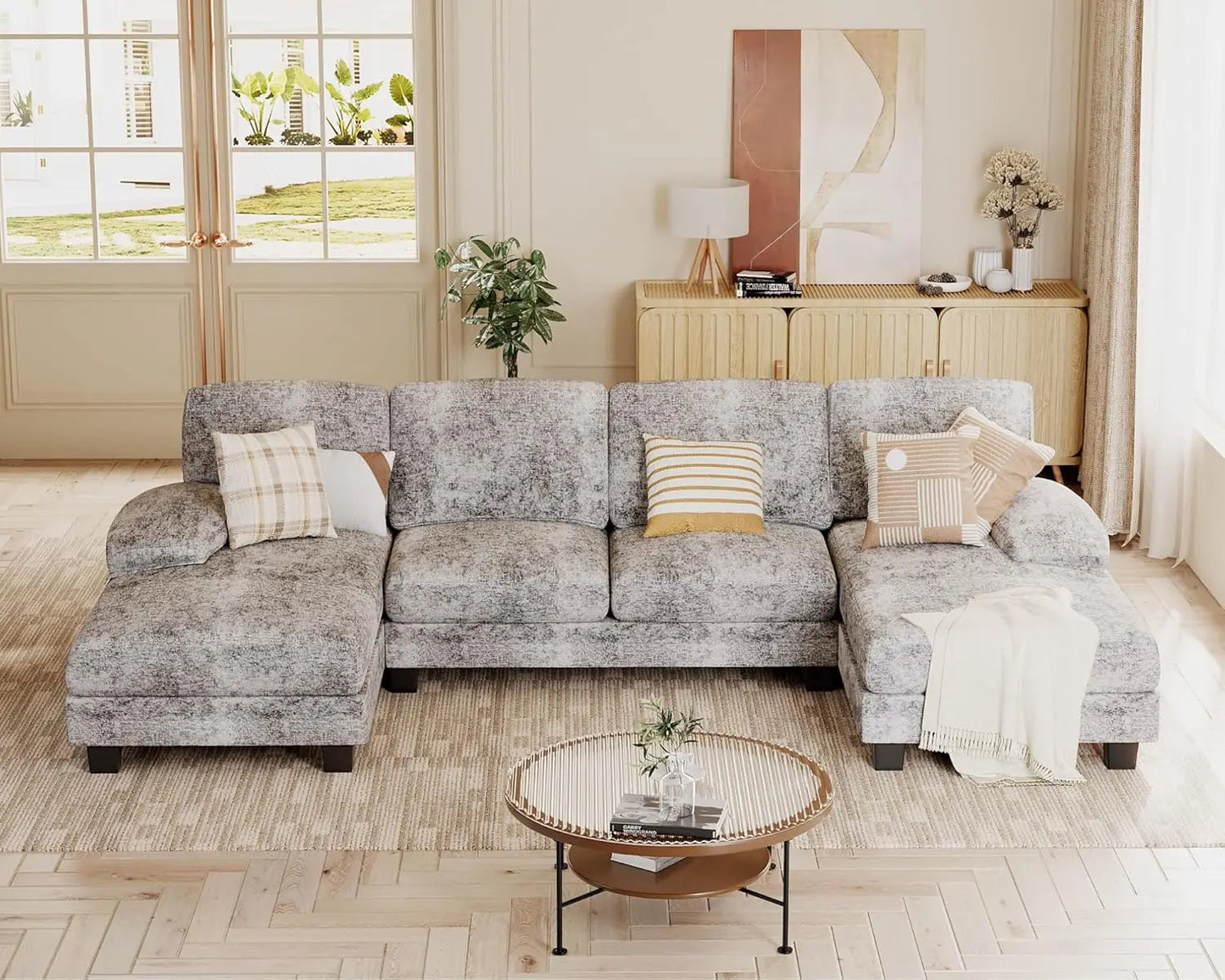 U Shaped Chenille Sectional Sofa for Small Living Room Apartment with Removable Pillows Grey