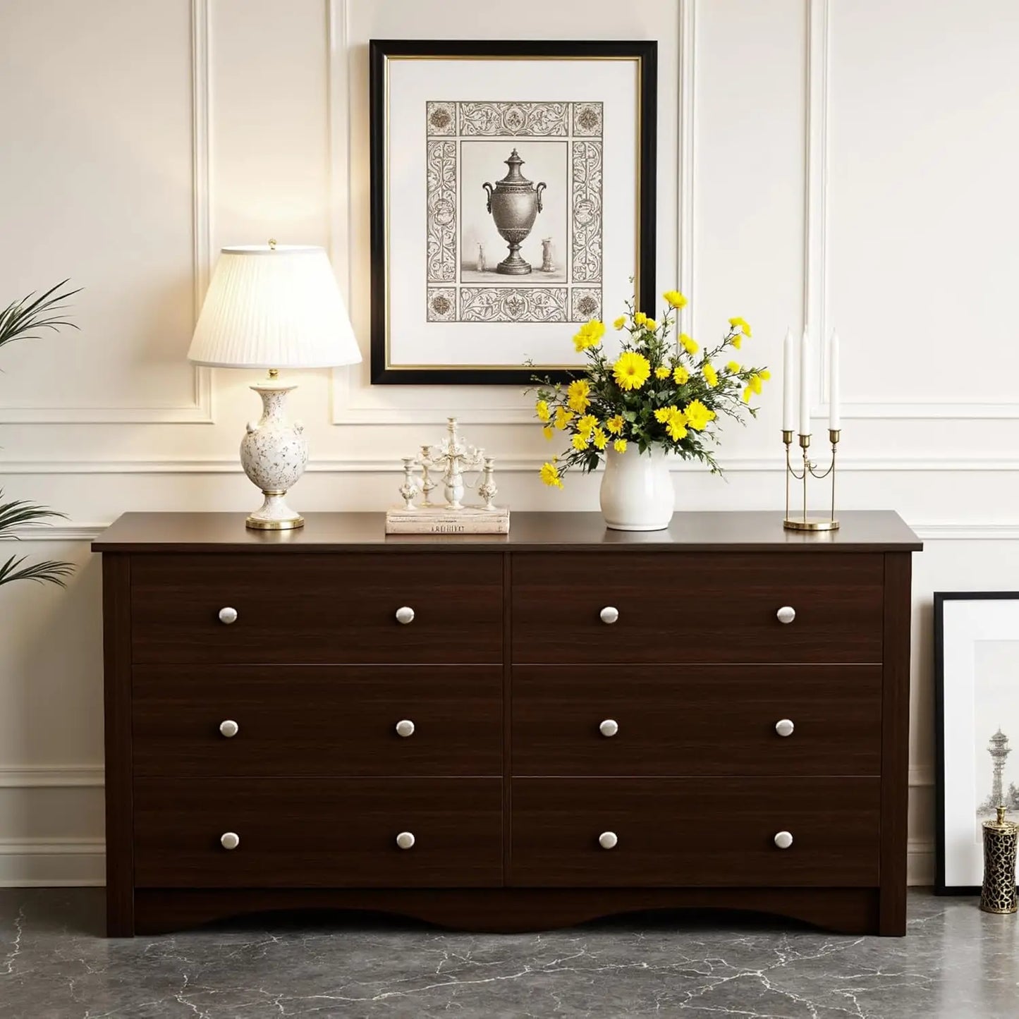 6 Drawer Wood Dresser Wide Storage Tower Modern Bedroom Living Room Hallway Entryway Dark Brown, Customized