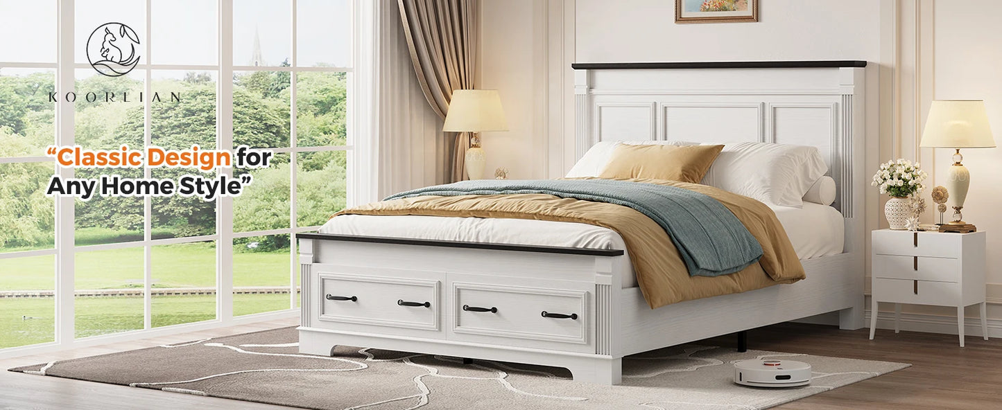 Farmhouse Queen Bed Frame 51" Headboard 2 Storage Drawers Roman Footboard | koorlian Platform Bed Large Wooden