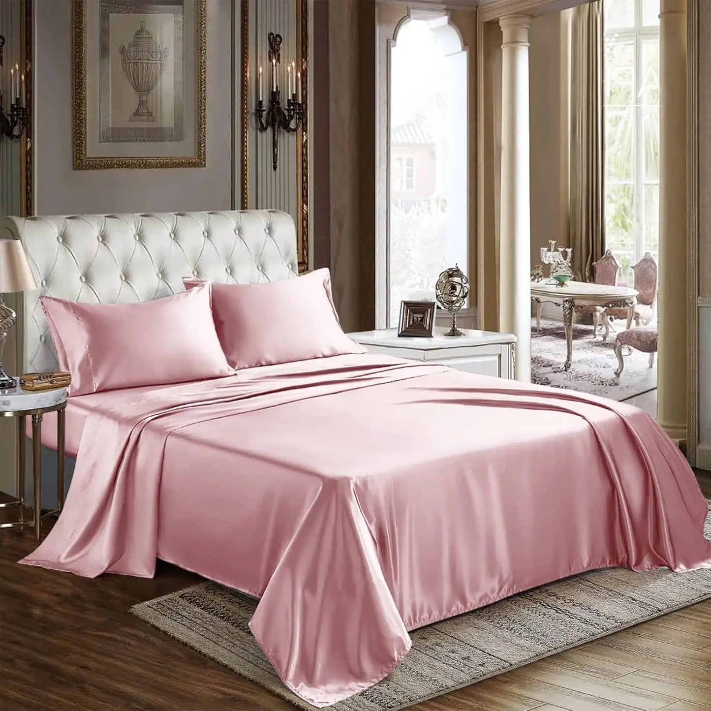 Satin Sheets Queen Size 4 Piece Bed Sheet Set with Silky Deep Pocket Fitted Sheet Flat Sheet and 2 Pillowcases