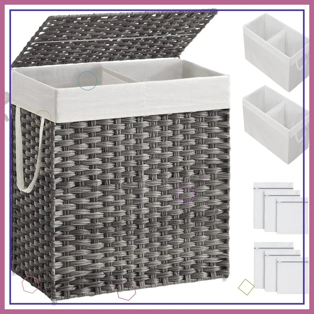 Large 110L Laundry Hamper with Lid, 2 Removable Liners & 6 Mesh Bags, Breathable Wicker Basket for Family Bathroom Storage