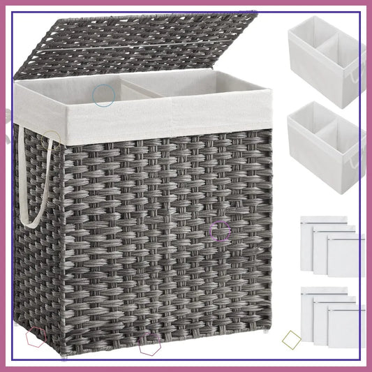 Large 110L Laundry Hamper with Lid, 2 Removable Liners & 6 Mesh Bags, Breathable Wicker Basket for Family Bathroom Storage
