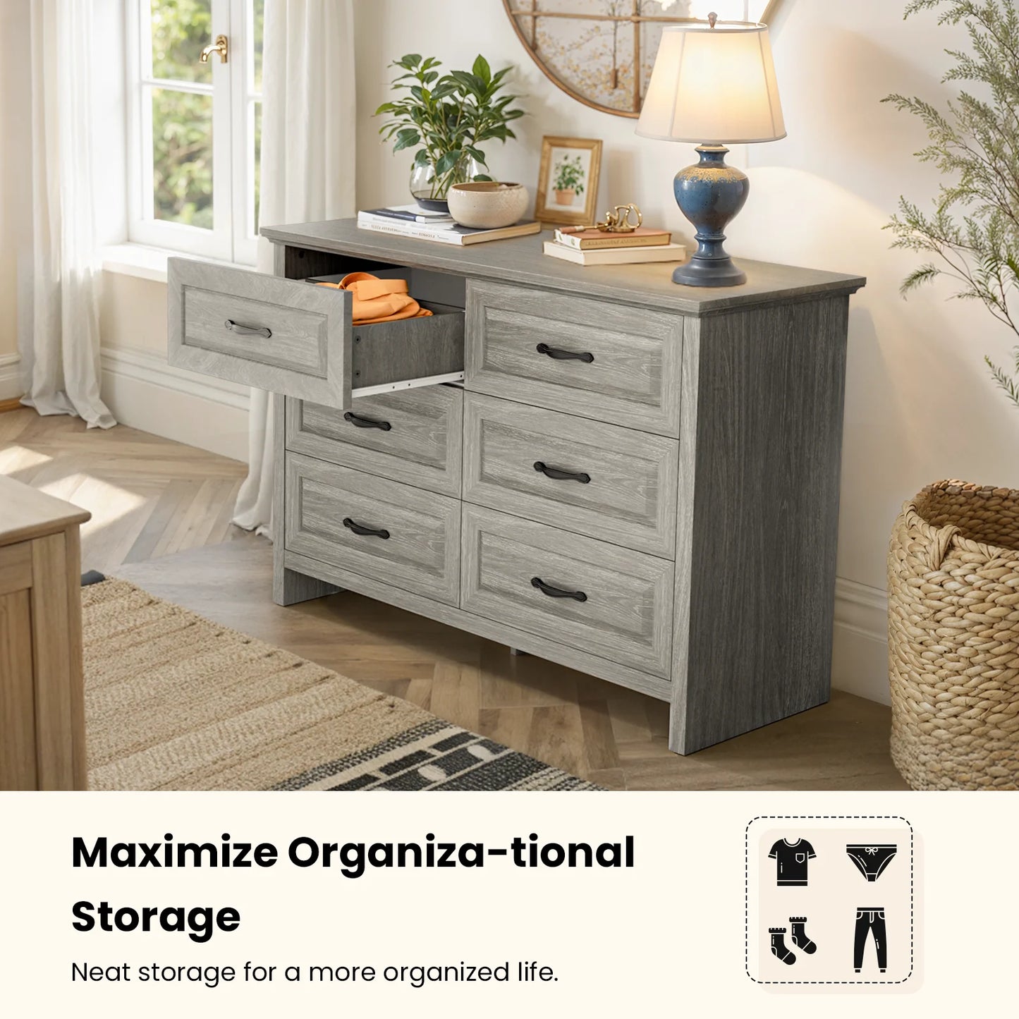 Farmhouse 6 Drawer Dresser for Bedroom, 47.2 Inch Wide Wood Dresser with Natural Texture, Large Drawers, Rustic Farmhouse Chest of Drawers for Bedroom, Living Room, Hallway