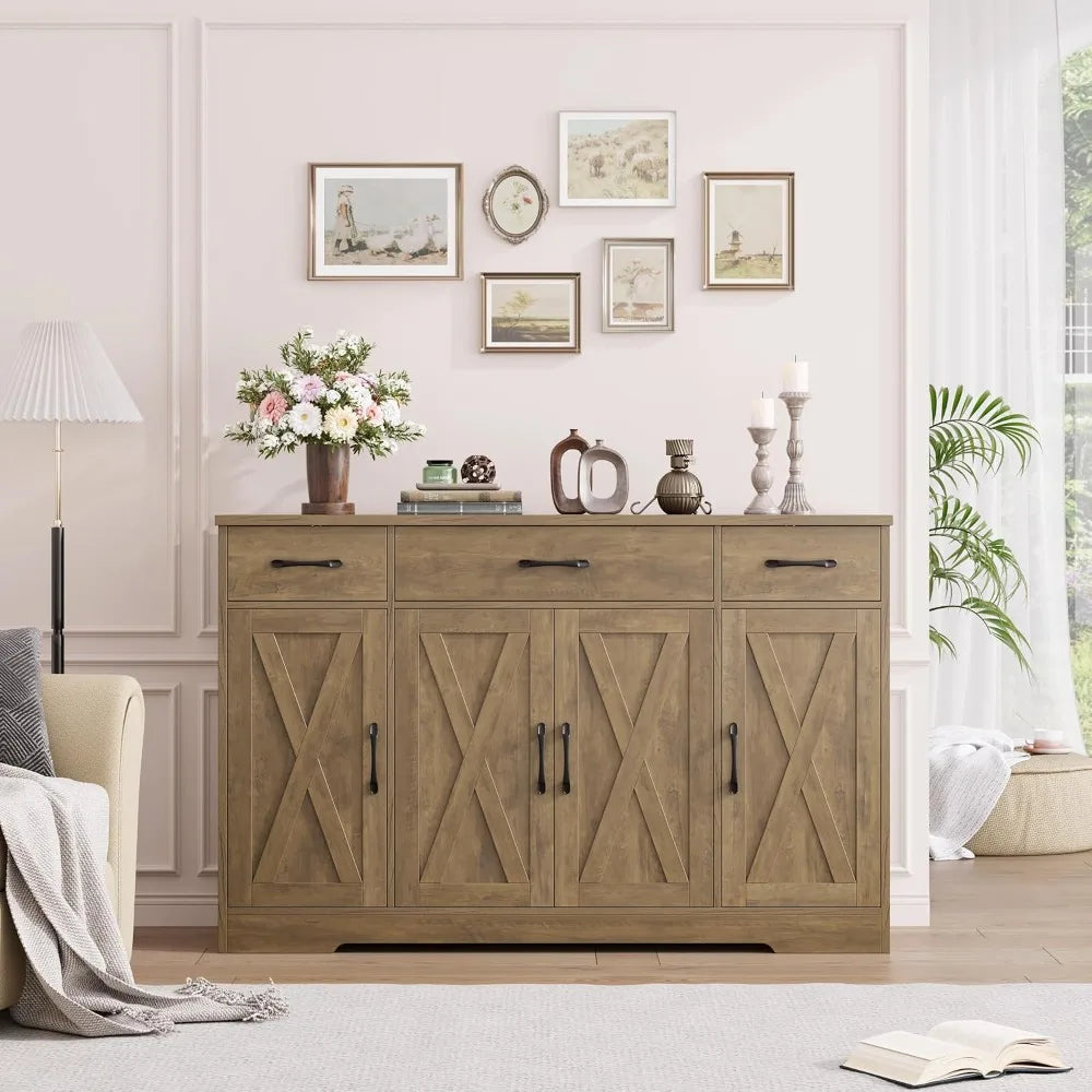 HOSTACK Kitchen Buffet Cabinet with Doors & Drawers, 55"W Farmhouse Sideboard, Adjustable Shelves