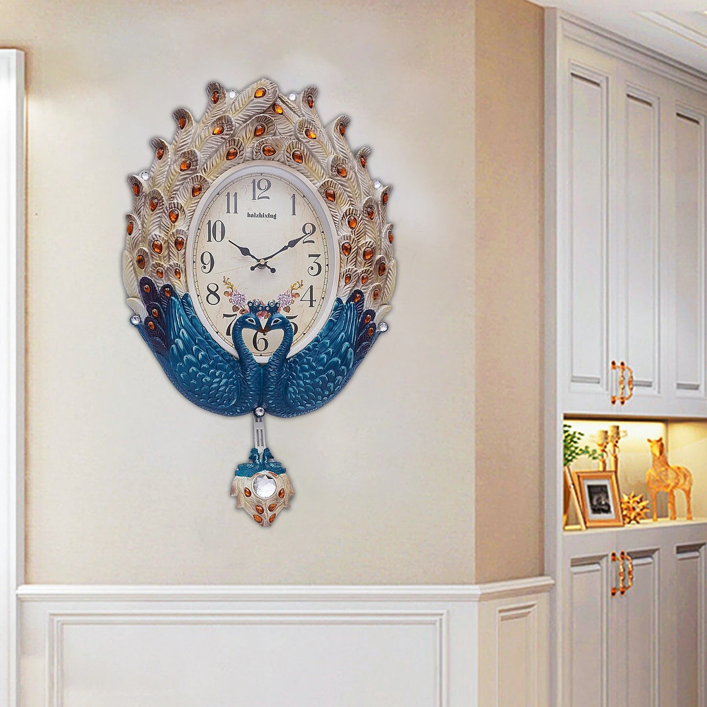 Blue Peacock Wall Clock,Silent Wall-mounted Metal Pendulum Clock 37*60cm with Luxury Crystal for Living Room,Hallways