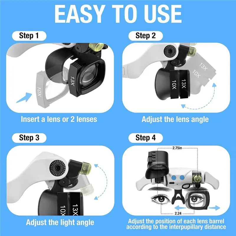 ABUP-Jewelers Magnifying Glass For Close Work, Glasses With Light& 5 Interchangeable Lens Pairs(2X 4X 6X 10X 13X), Includes Head