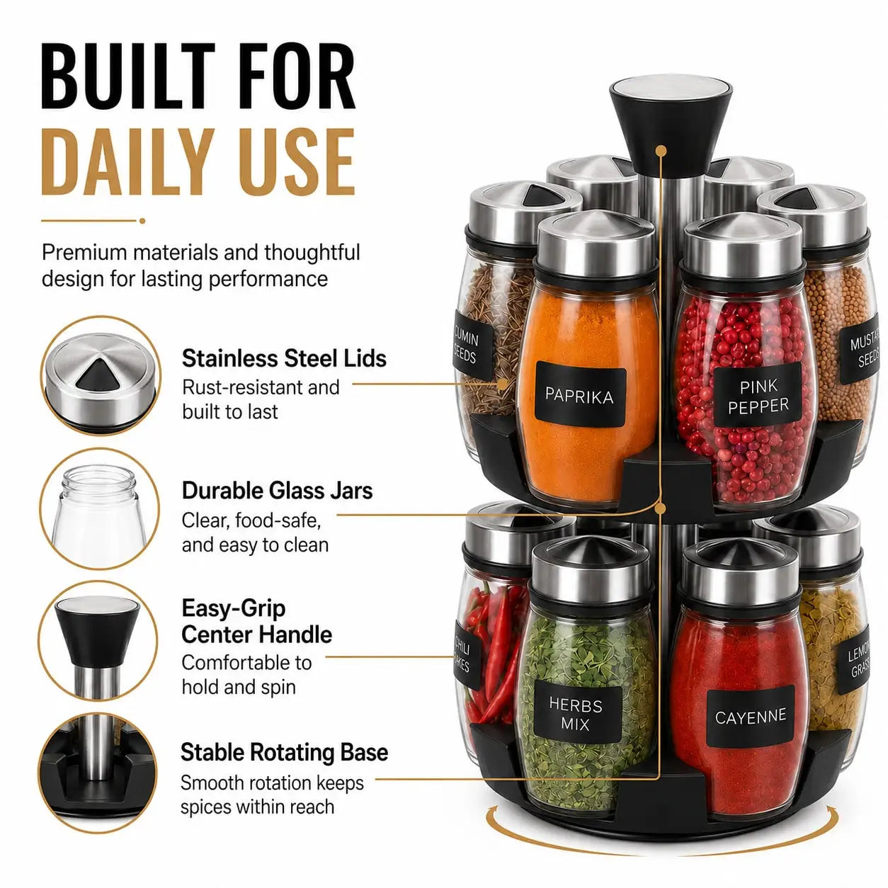 12pcs Glass Jar Set - Rotating Kitchen Spice Rack Organizer, Countertop Herb & Spice Carousel - Ideal For Kitchen Counter Accessories, Spice Organization, And Storage