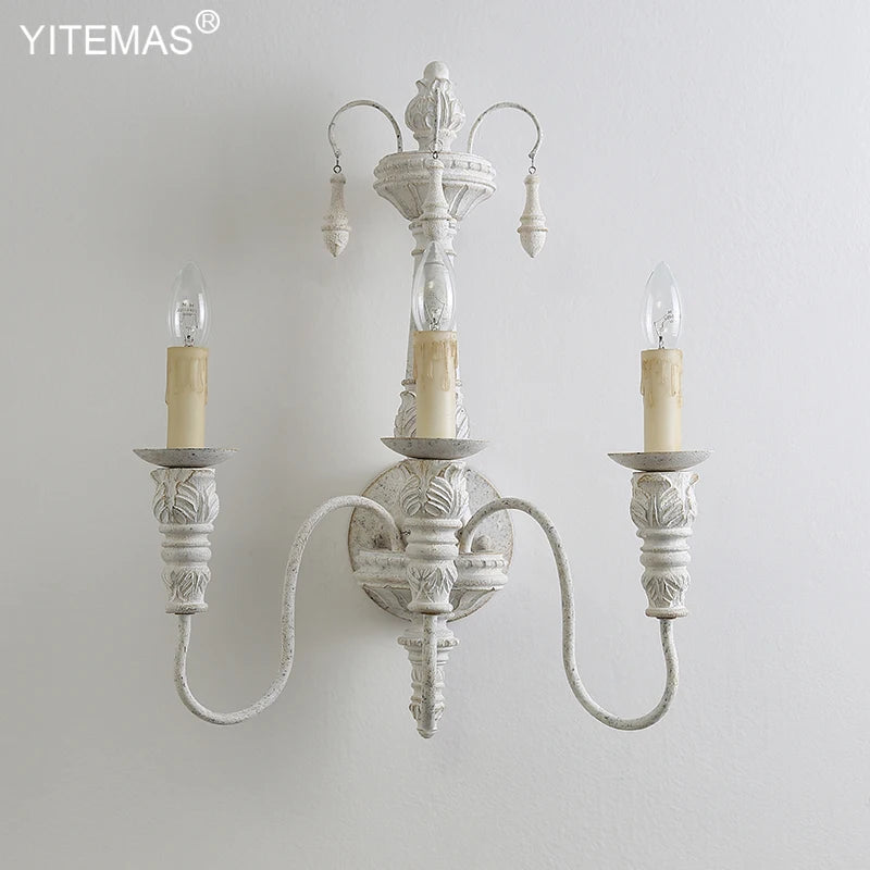3 Lights Wooden Wall Lamp Retro White Wall Sconce French Country Wall Lights For Living Room Bedroom Stairs Interior Lighting