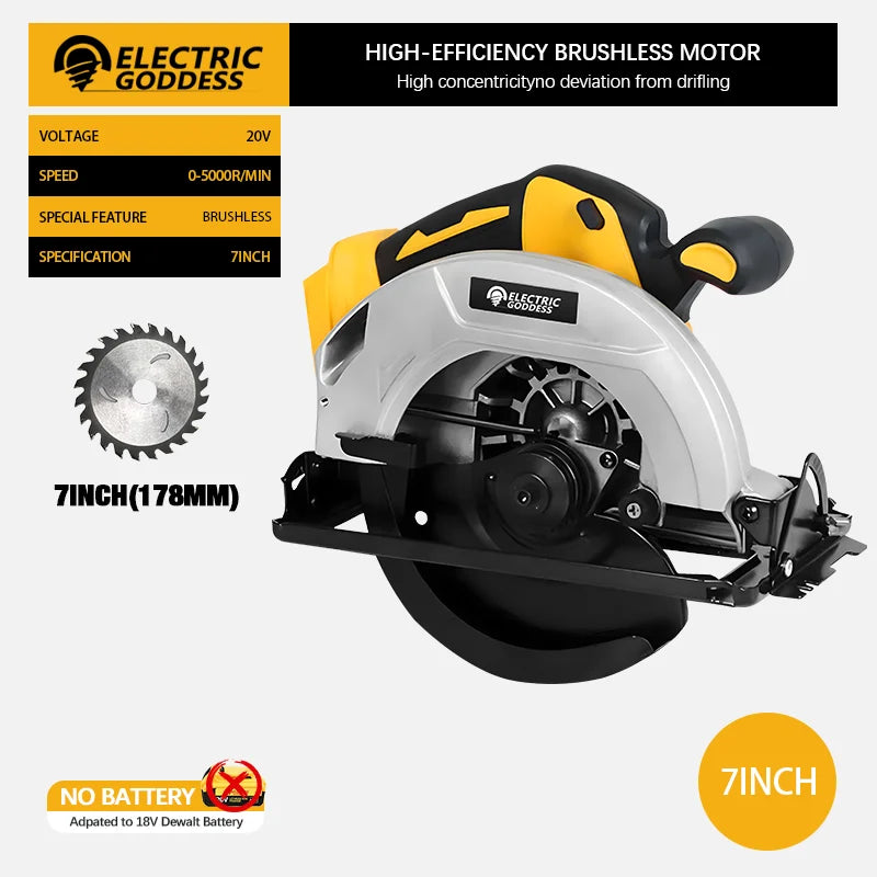 7-inch Cordless Circular Saw 5000rpm Brushless Woodworking Saw 45-degree Cutting Angle Adjustment For Dewalt 20V Battery Pin