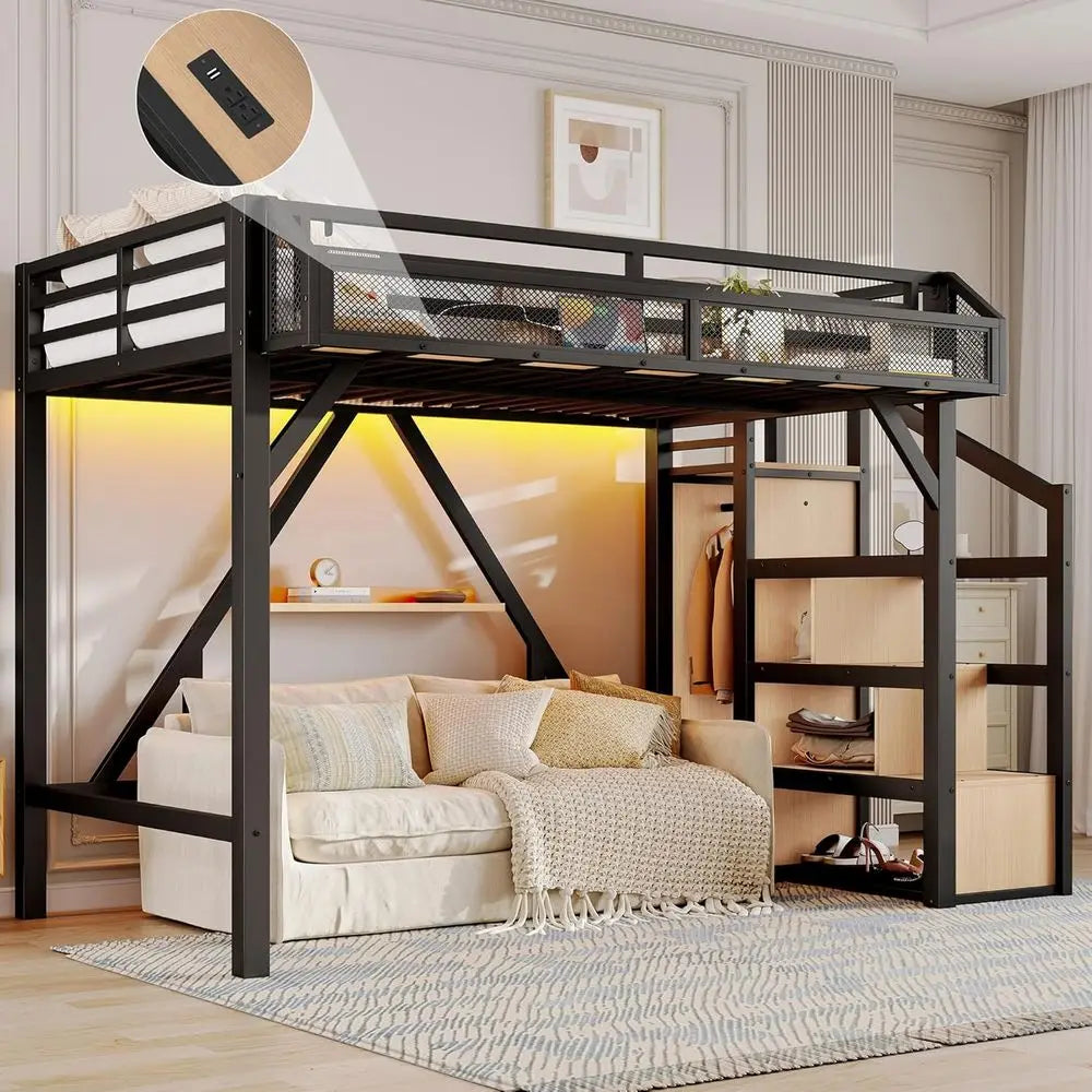 Storage Staircase Bed with Shelves, Built-in Wardrobe, USB Ports, LED Lights, and Noise-Reduced Design in Natural Wood