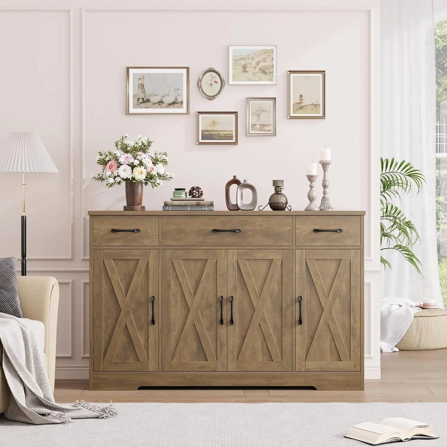 HOSTACK Kitchen Buffet Cabinet with Doors & Drawers, 55"W Farmhouse Sideboard, Adjustable Shelves