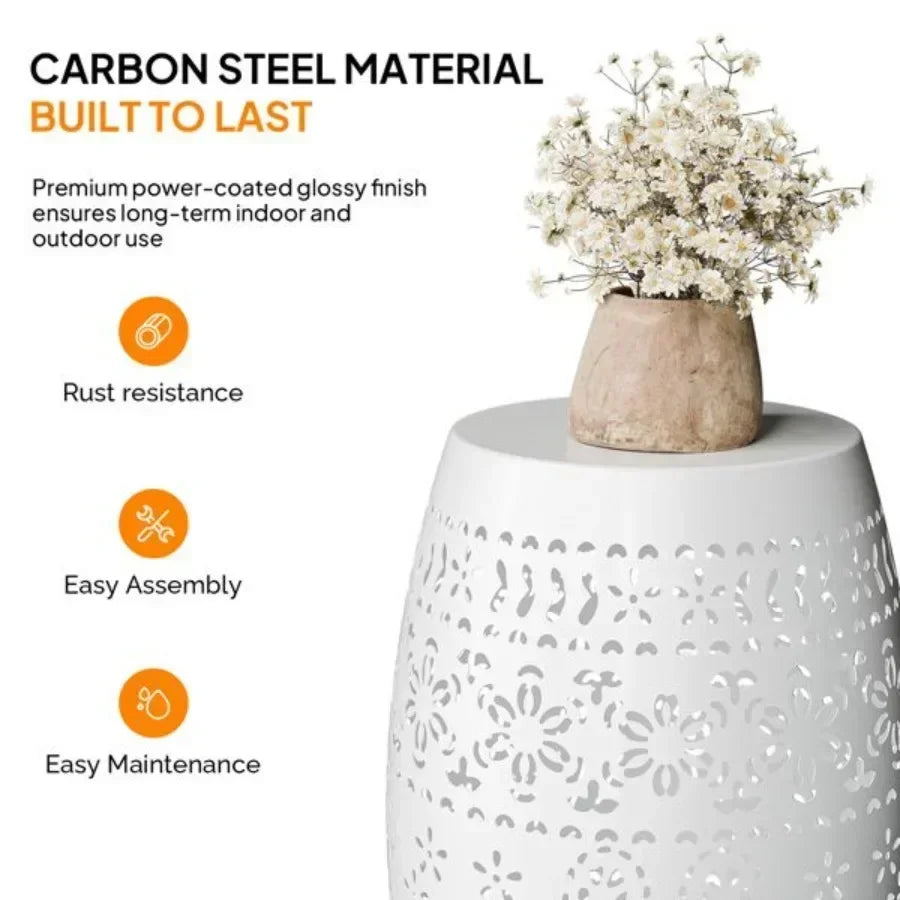9.4 Steel Patio End Table Round Hollow Drum Side Table Accent Table for Indoor and Outdoor White