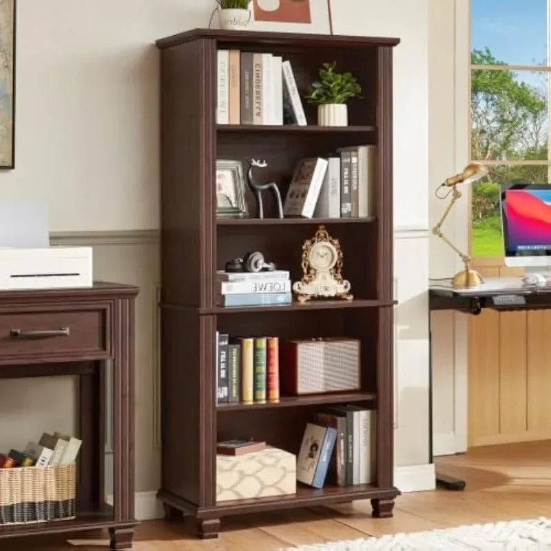 SAVOR LIFE 70" Tall Walnut Bookshelf,5 Tier Wooden Book Shelf with Adjustable Shelves & Wood Legs,Free Standing Farmhouse