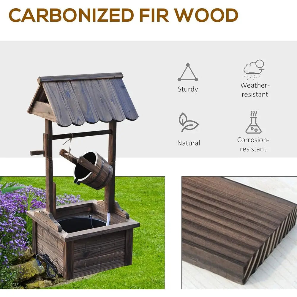 Outdoor Wooden Wishing Well Fountain with Adjustable Water Flow Rate, Outdoor Rustic Waterfall with Electric Pump, Water Bucket,
