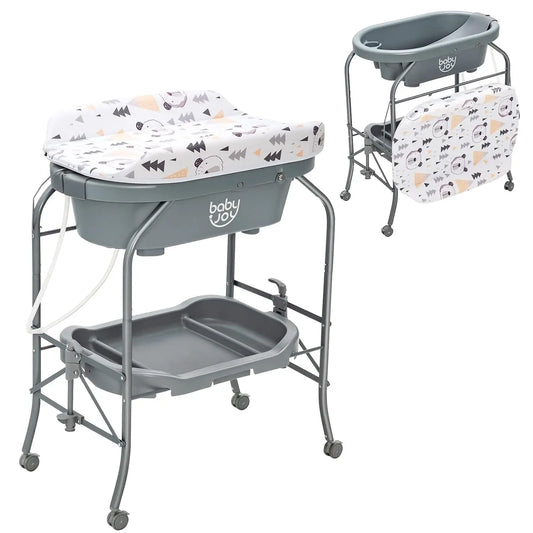 Baby Bathtub with Changing Table, Foldable Infant Diaper Changing Station with Storage Tray, Waterproof Pad, Portable