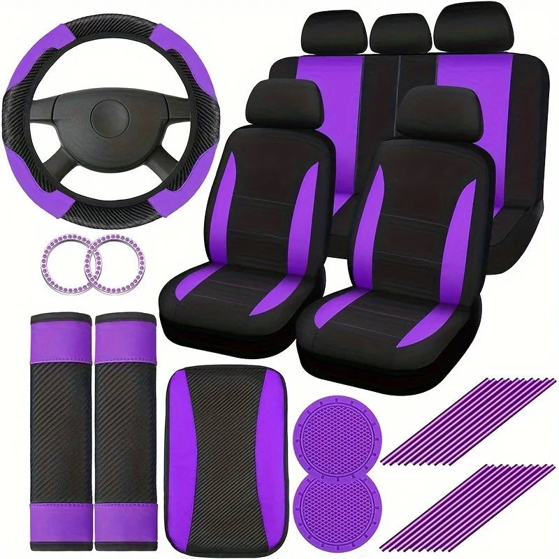Women's Car Interior 37-Piece Set - Polyester Seat Covers, PU Steering Wheel Cover, Shoulder Pads, Decorative Strips  etc