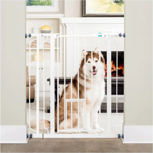 Extra Tall Walk Through Pet Gate with Small Pet Door, Includes Extension and Mounting Kits for Easy Installation