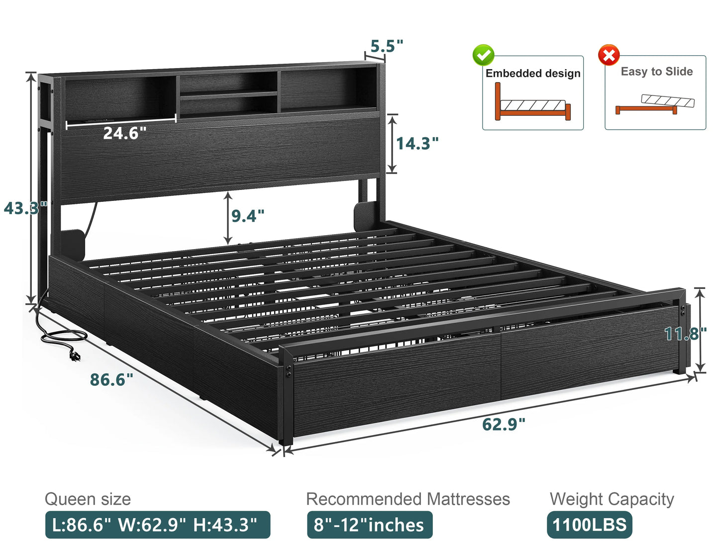 EnHomee Full/Queen/King Bed Frame with 6 Storage Drawers & Charging Station Metal Platform Bed Frame with Bookcase Headboard,No Noise