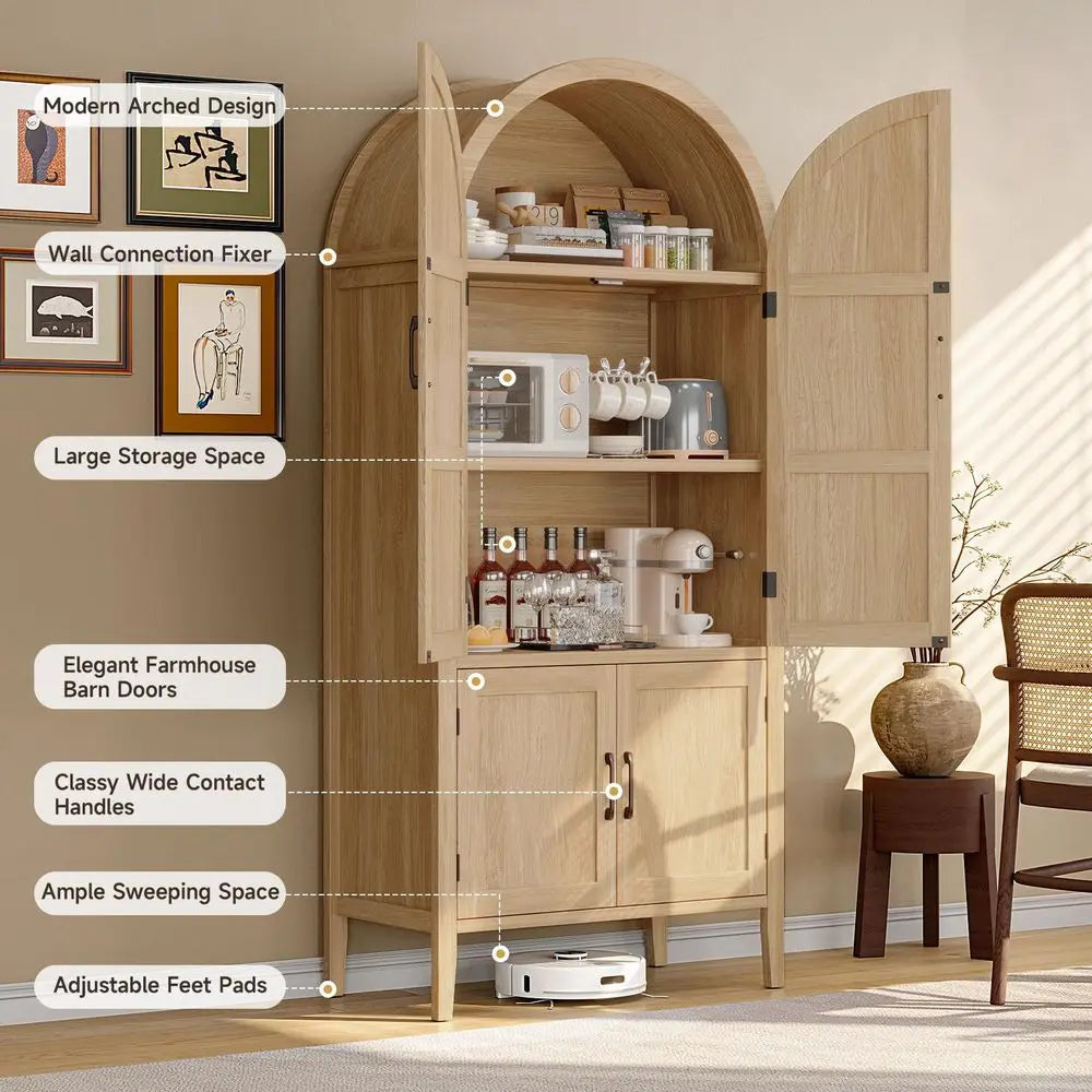 71 Tall Wooden Arched Cabinet, 5Tier Arched Kitchen Pantry Cabinet with Doors amp Shelves, Farmhouse Kitchen Arch Cabinets with