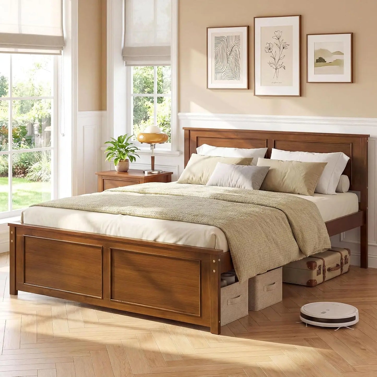 Wood Full Size Bed Frame with Headboard, Farmhouse Solid Platform Bed w/Wooden Slat Support Mattress Foundation,, Custom