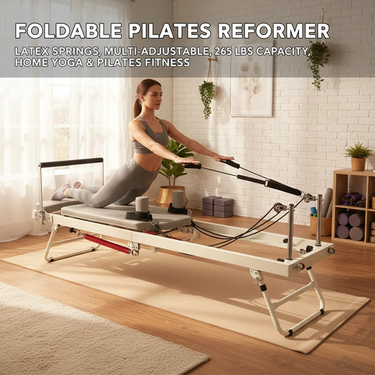 Foldable Pilates Reformer Machine, Multifunctional Yoga Fitness Equipment with Latex Springs, 265lbs Capacity Grey