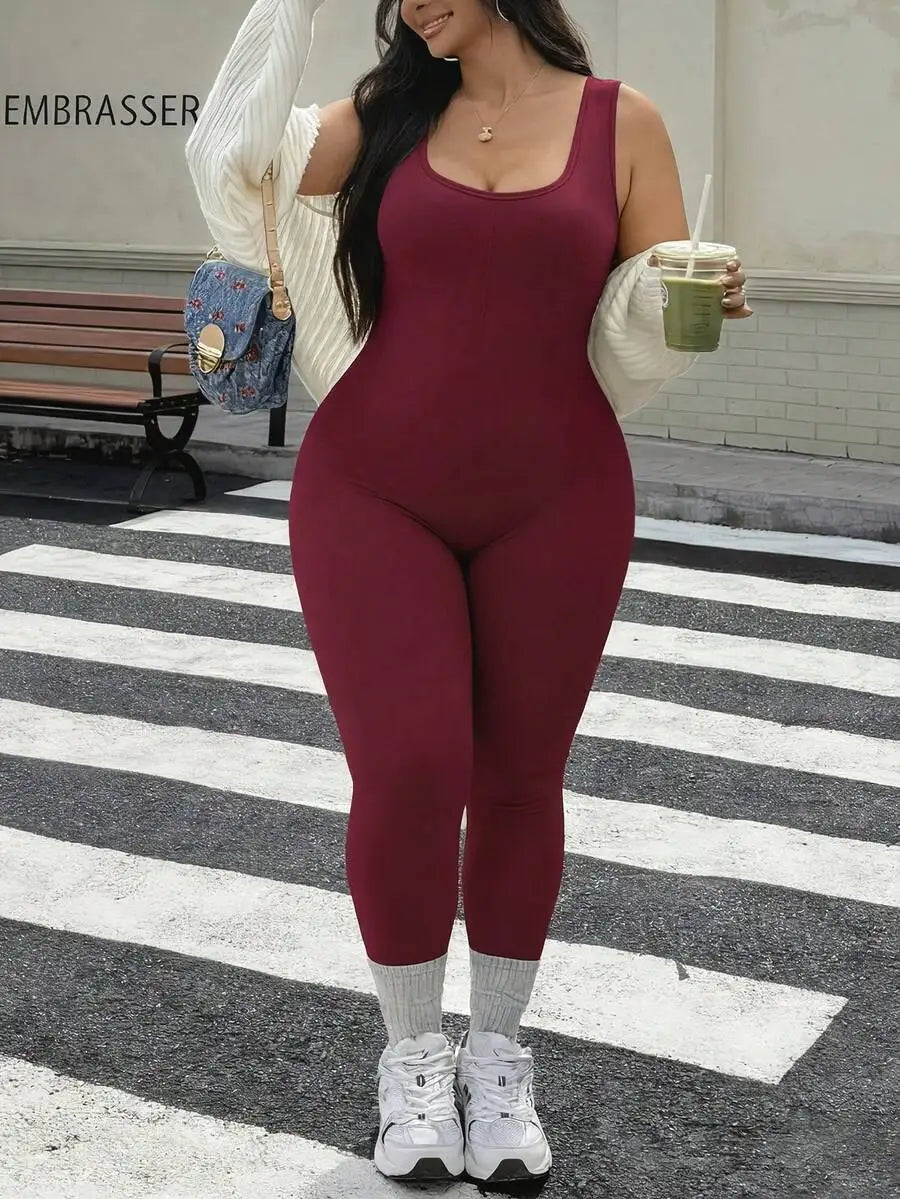 Rhythm Era 1pc Plus Size Black Backless Jumpsuit, Comfortable Stretchy Seamless Knit Yoga & Fitness Activewear