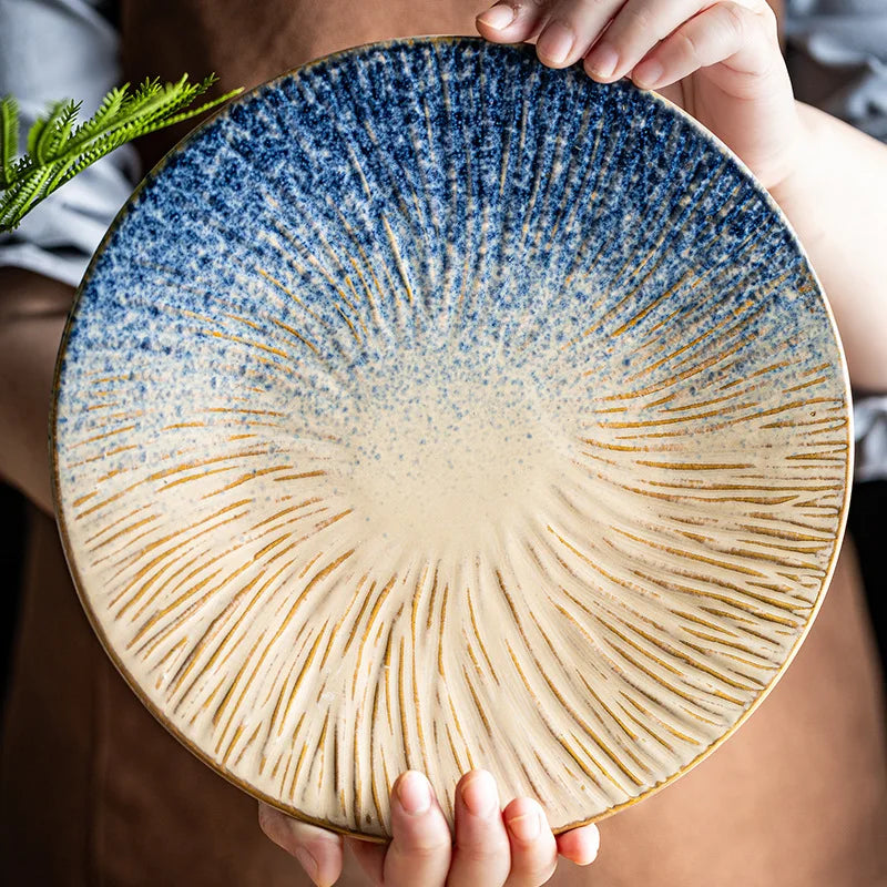 Ceramic Steak Plates Set Dinnerware Underglaze Flat Round Plates for Home Kitchen Restaurant Service