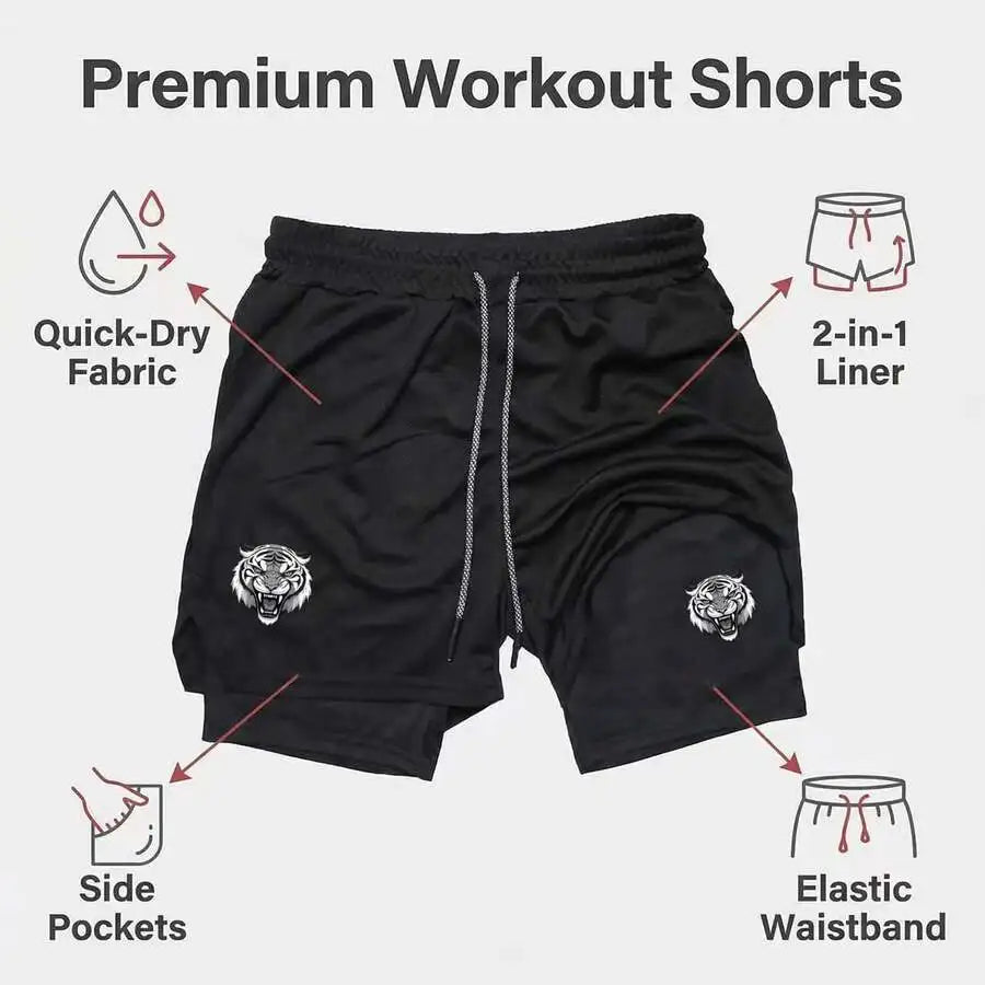 Mens Angry Tiger Graphic 2-In-1 Quick Dry Sports Shorts For Gym Running