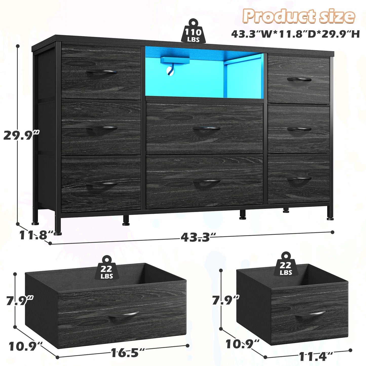 EnHomee 8-Drawer Media Dresser with LED Lighting & Built-in Charging Station - Fabric Storage Cabinet for 55" TVs, Ideal for Bedroom