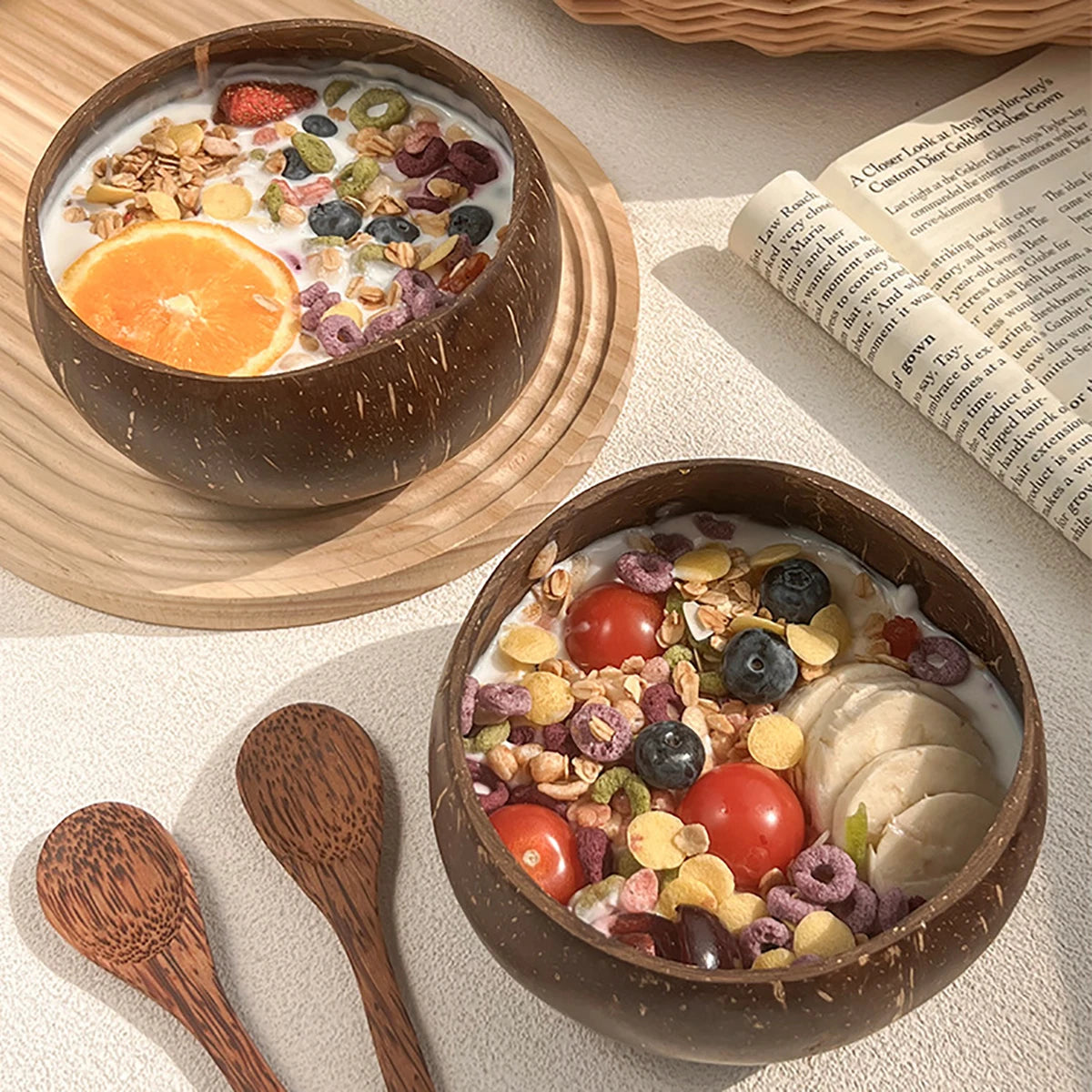 Natural Coconut Shell Bowl And Spoon Set For Serving Dishes Salad Wooden Reusable Kitchen Tableware Coconut Bowls Fruit Bowl