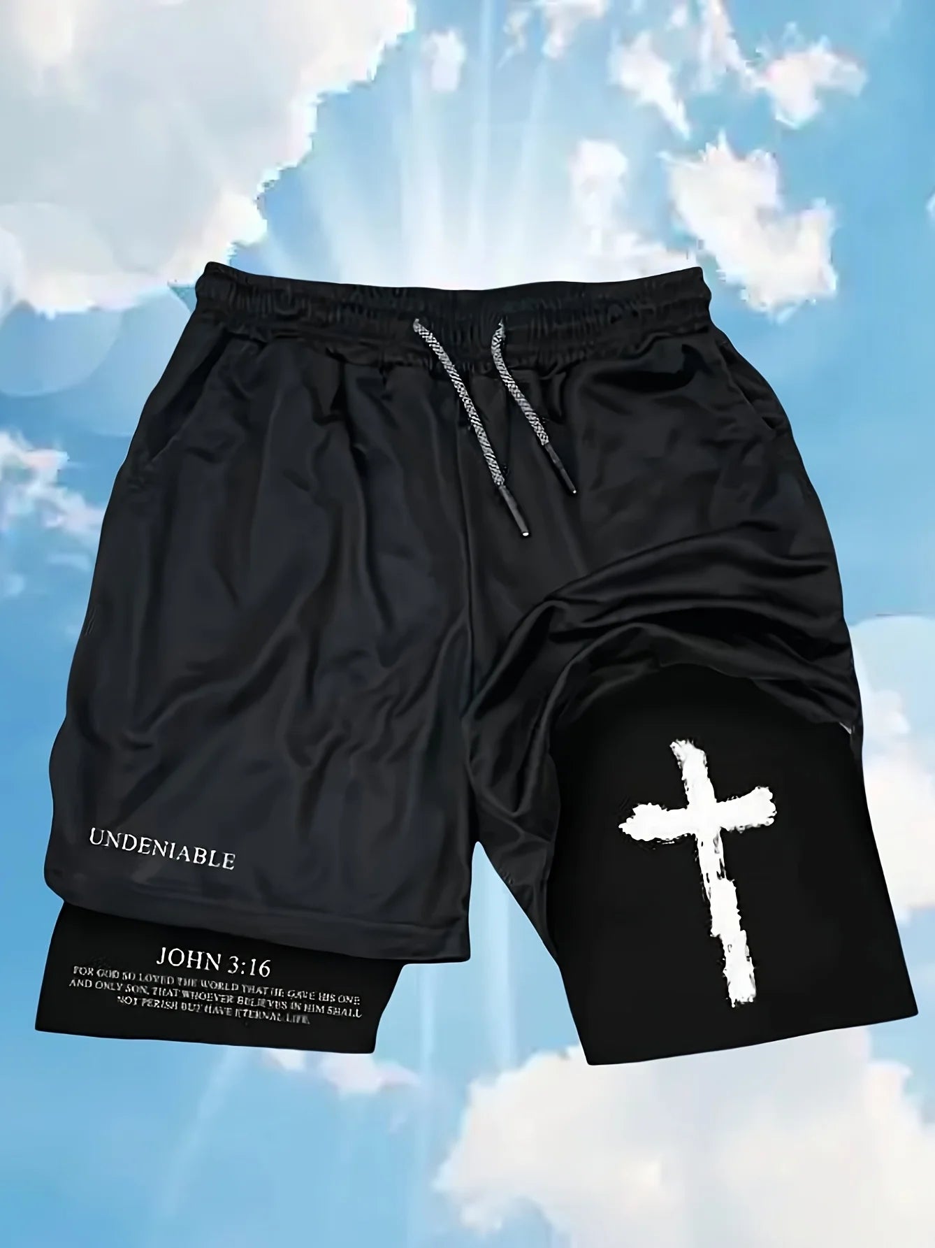 Men's Street Fashion Cross Print Knit Drawstring Shorts,2-In-1 Athletic Shorts Perfect For Gym Basketball Beach Outings