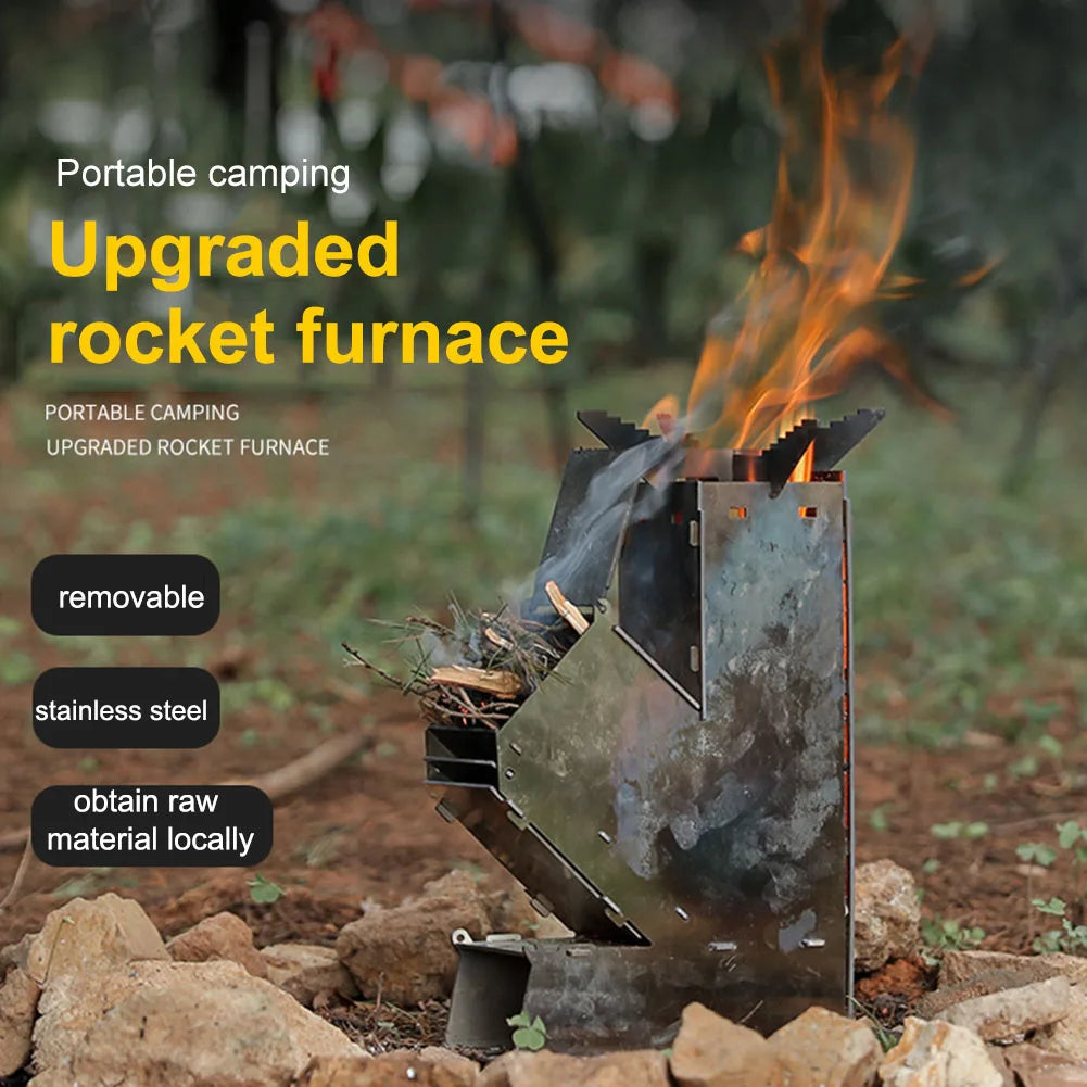 BBQ Rocket Stove Stainless Steel Cooking Stove Portable Collapsible Camping Stove Outdoor Wood Burning for Traveling BBQ Picnic