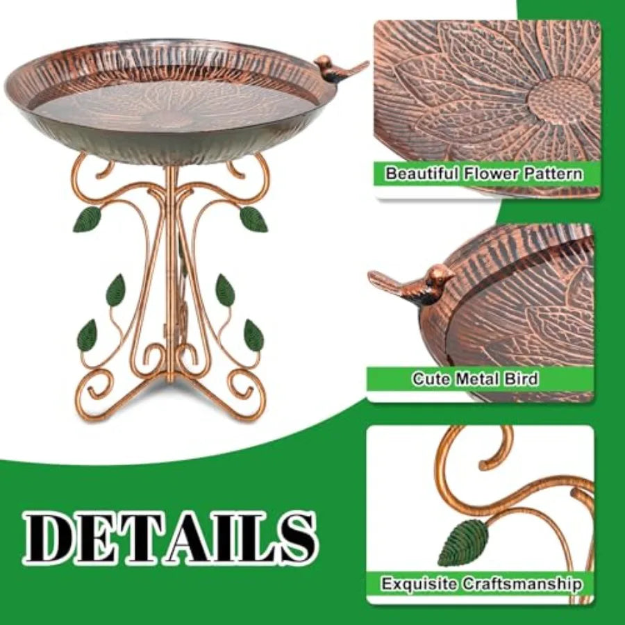 13" Diameter Vintage Metal Bird Bath Birdbaths with Cast Iron Pedestal Large Antique Bird Feeder for Outdoors Garden Patio Deco