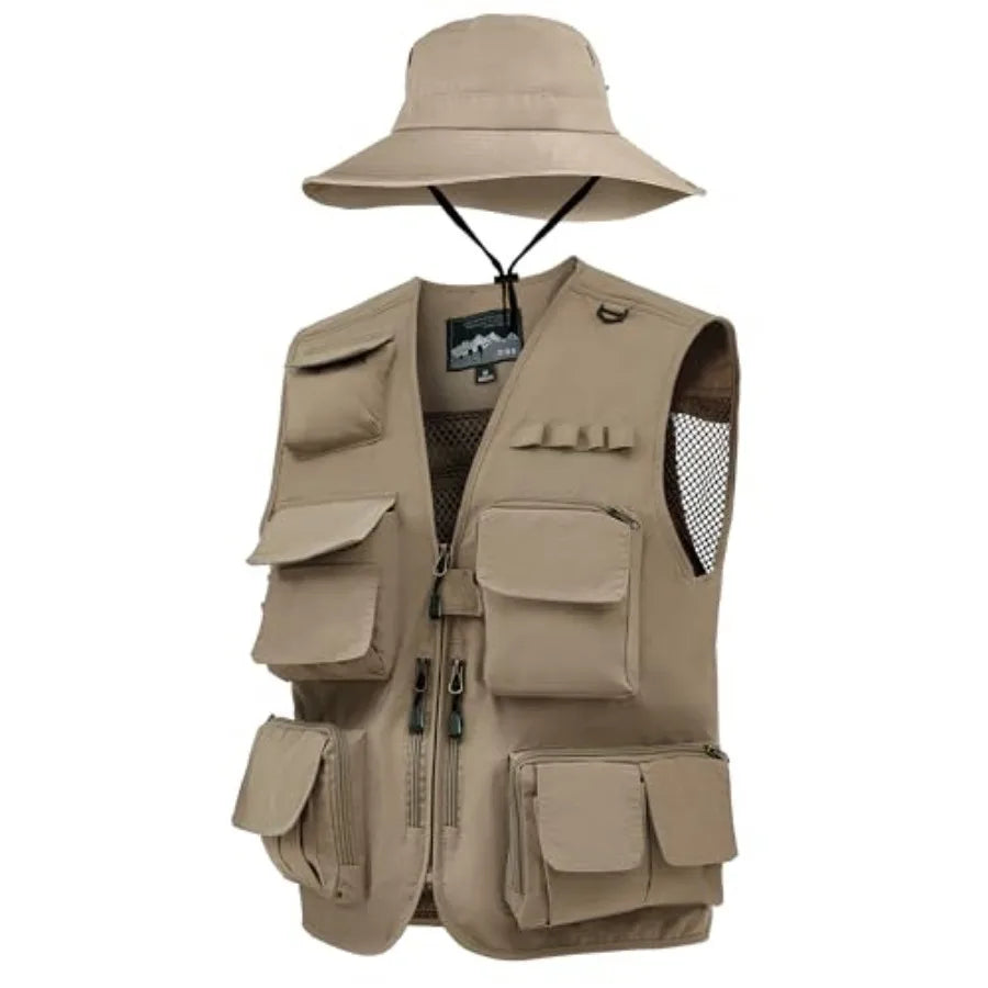 2 Pcs Men's Fishing Vest Sun Hat Multi Pocket Safari Vest for Outdoor Hiking Summer Travel
