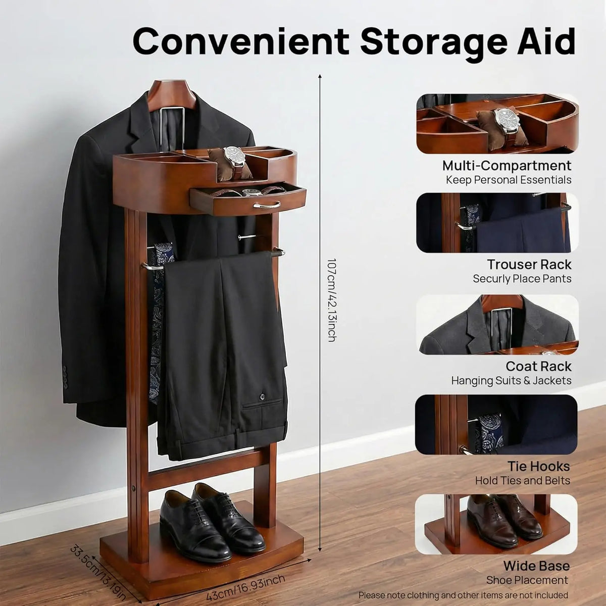 Wood Suit Rack, Freestanding Clothing Valet Stand Clothes Valet Suit Racks Mens Compact Wooden Clothing Valets Stand Rack Organi