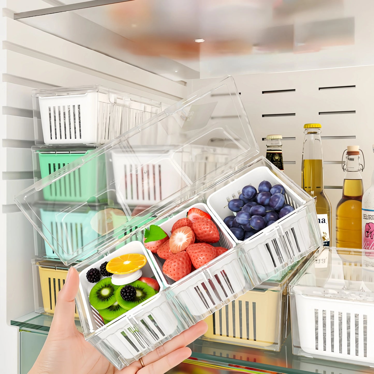 1 set of kitchen refrigerator accessories with a lid, food storage container, with 3 transparent square detachable compartment d
