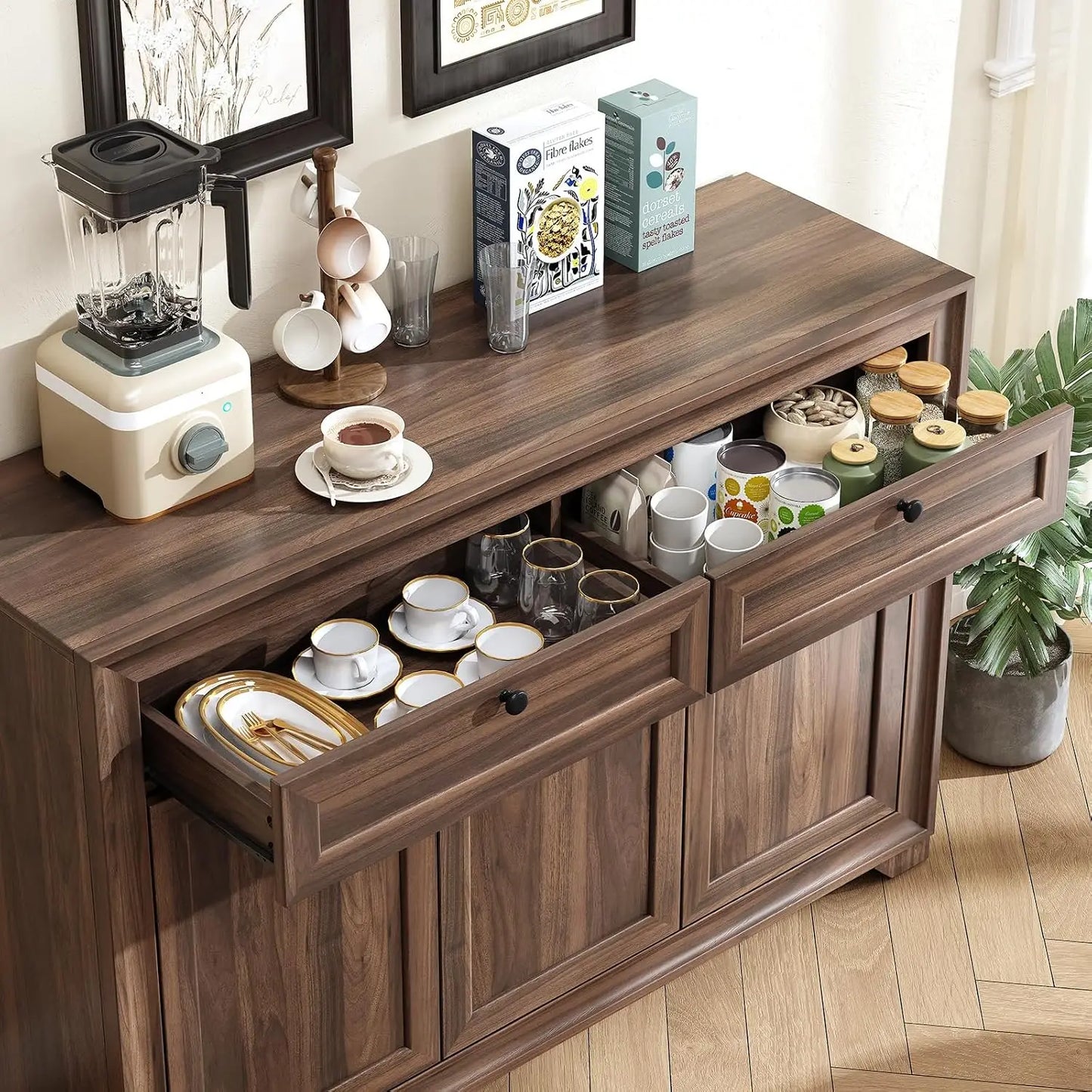48" Sideboard Storage Cabinet with 2 Drawers + 3 Doors | Wood Coffee Bar Cabinet, Buffet Table Adjustable Shelves Farmhouse Style for Home Kitchen Living Room