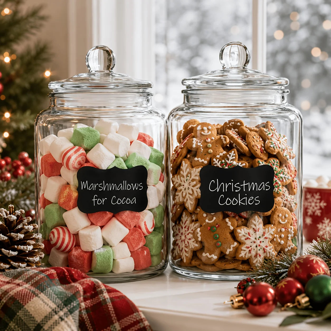 2pcs Glass Pantry Jar with Clamshell Lid for Pantry And Kitchen Countertops - Hand Washed, Reusable Round Container for Biscuits, Candy, Pasta - 1 Set Of 2pcs