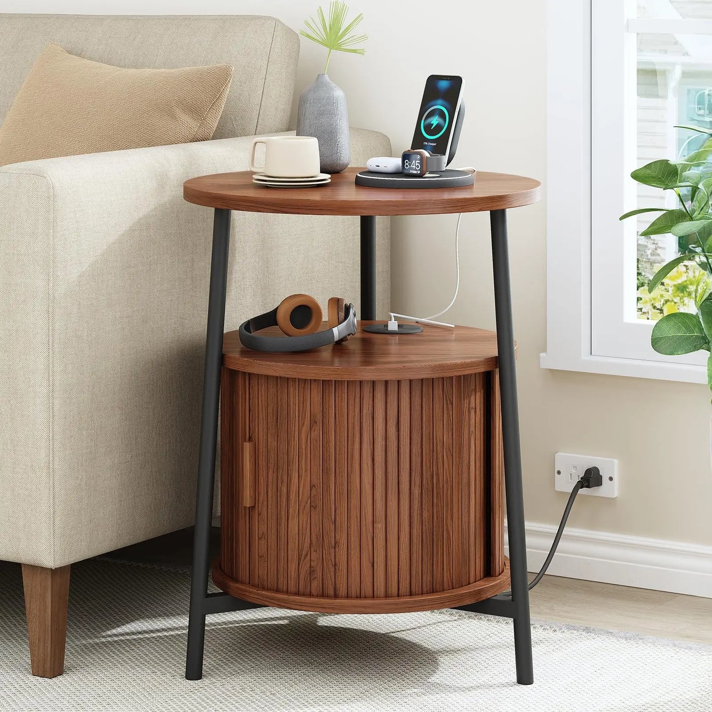 Fluted Round End Table, Mid Century Bedside Table, Modern Nightstands Set Of 2 For Living Room, Bedroom, Entryway