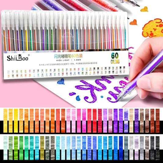 60 Colors Glitter Gel Pen 1.0mm Metal Glitter Color Ballpoint Pen Paper Cardstock Diary Drawing Marking Coloring DIY Art