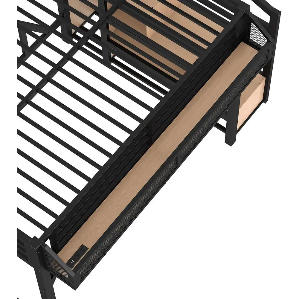 Storage Staircase Bed with Shelves, Built-in Wardrobe, USB Ports, LED Lights, and Noise-Reduced Design in Natural Wood