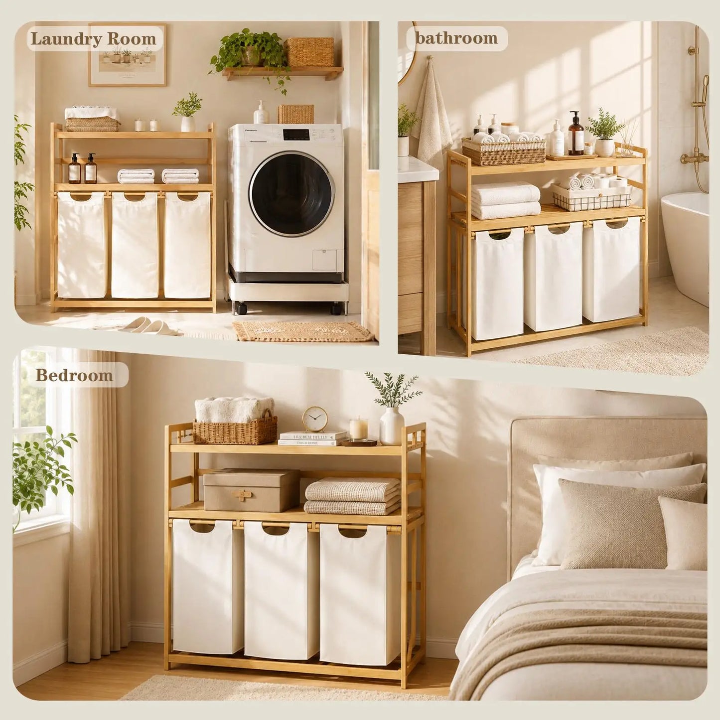 Single / Double Tier Laundry Hamper, 3 / 4 Section Large Bamboo Laundry Sorter with Removable Bags, Large Capacity, Efficient Clothing Storage, Perfect for Washing, Drying and Storage Organizer bathroom organizer