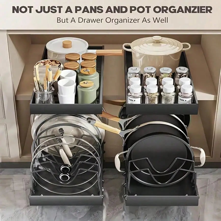 Pull-Out Pot And Pan Organizer, Kitchen Cabinet Drawer With 10 Adjustable Dividers, Easy Assembly, Pasting Fixed, No Drilling, Large Capacity, Heavy Duty, Expandable Length Between 16.93-23.23 Inches, Perfect Mother's Day Gif